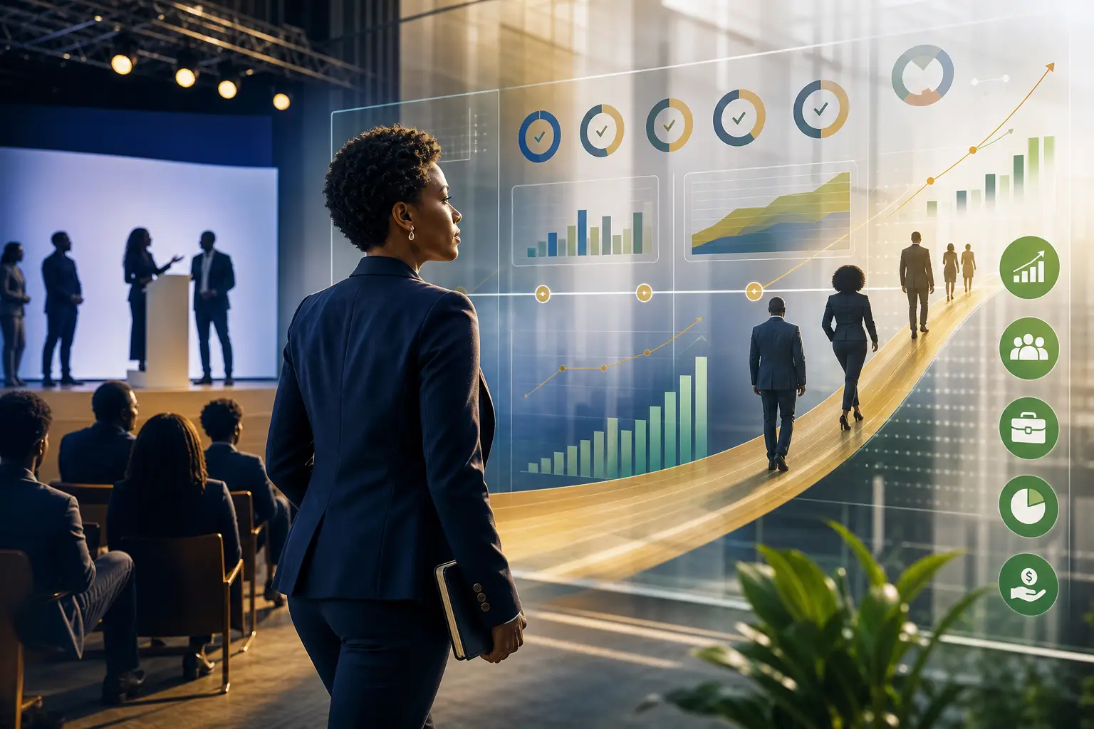 Concept illustration of Black startup founders moving from demo day toward a three-year outcomes dashboard tracking revenue, jobs, survival, ownership and capital raised.