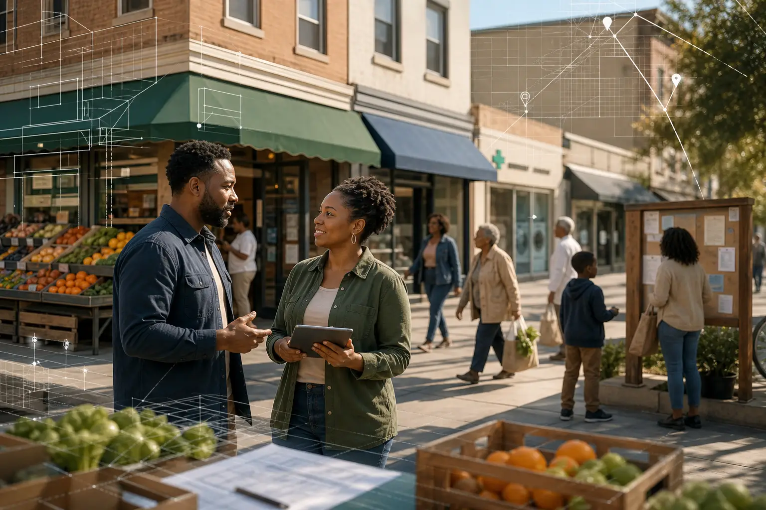 Illustration of Black-owned neighborhood storefronts, including a corner grocery and pharmacy, serving residents as community infrastructure.