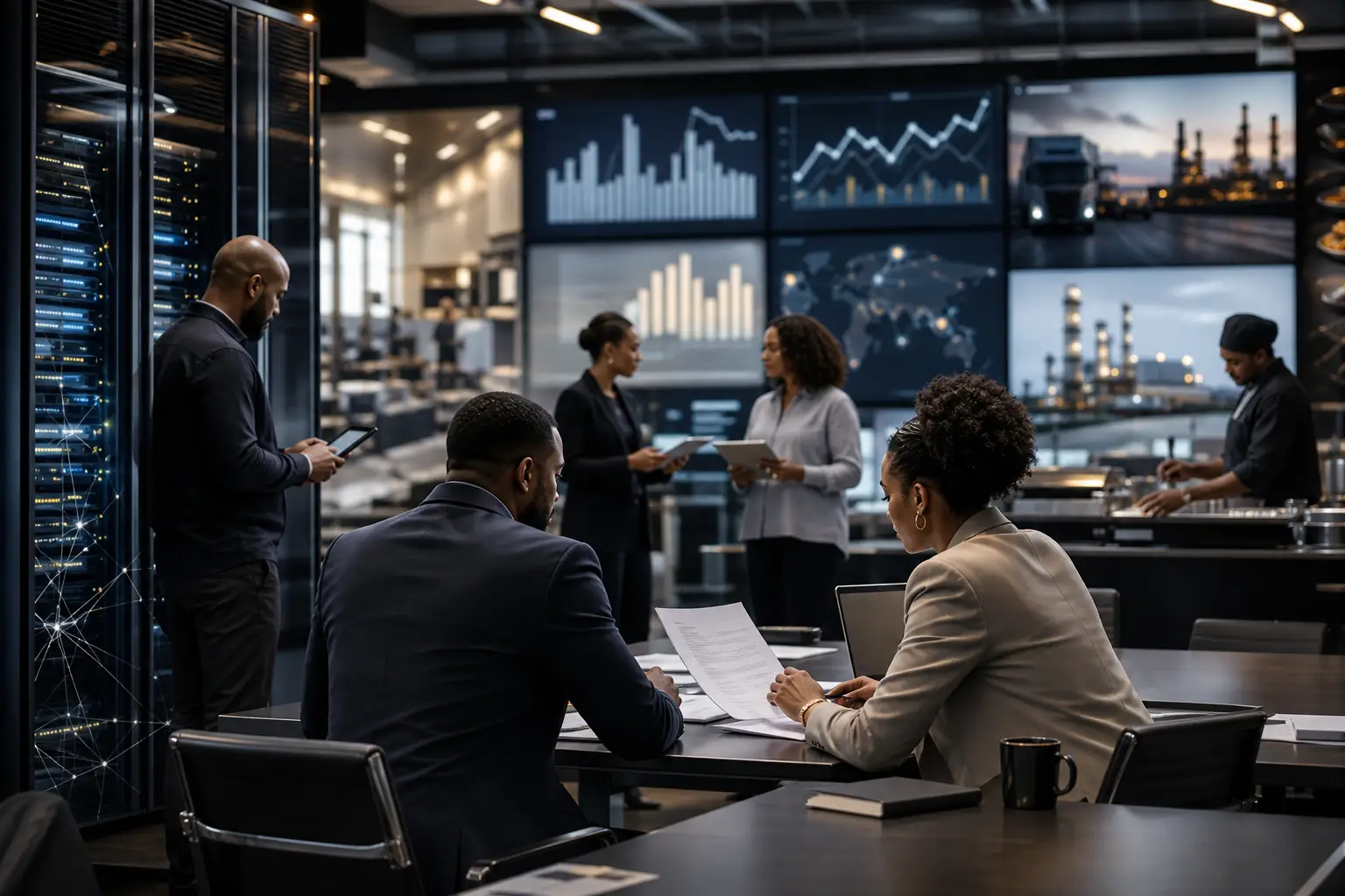 Generic Black business professionals review enterprise contracts and supply-chain dashboards in a modern operations hub representing B2B companies in technology, logistics, staffing, energy and food service.