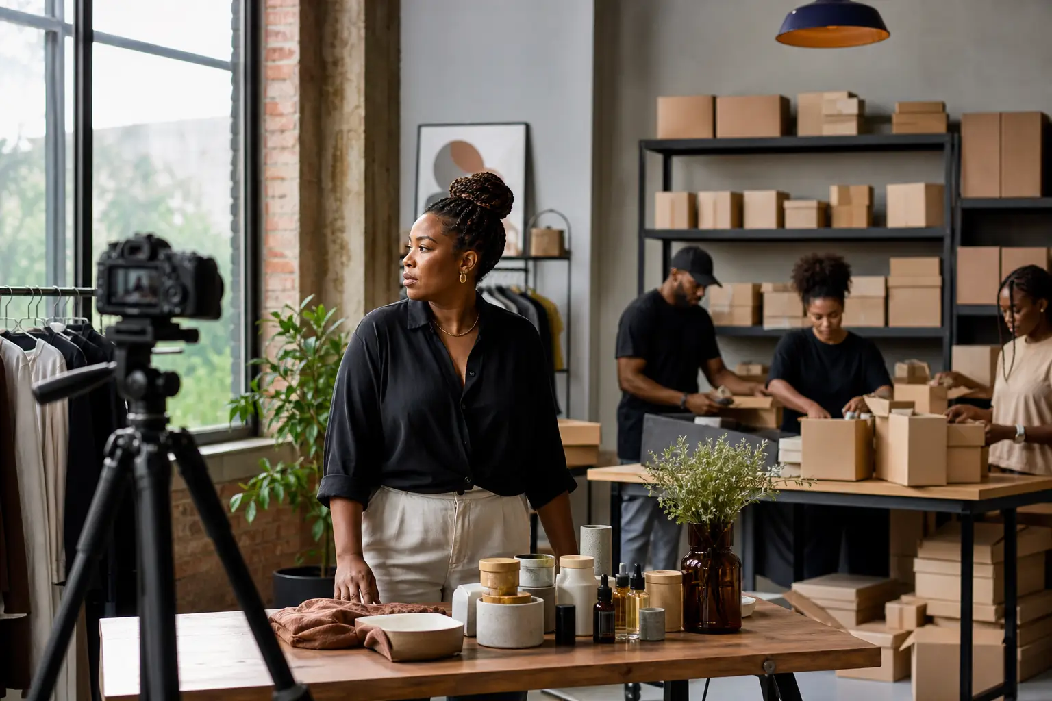 A Black creator entrepreneur runs a studio and product operation, showing how audience attention can become a broader business.