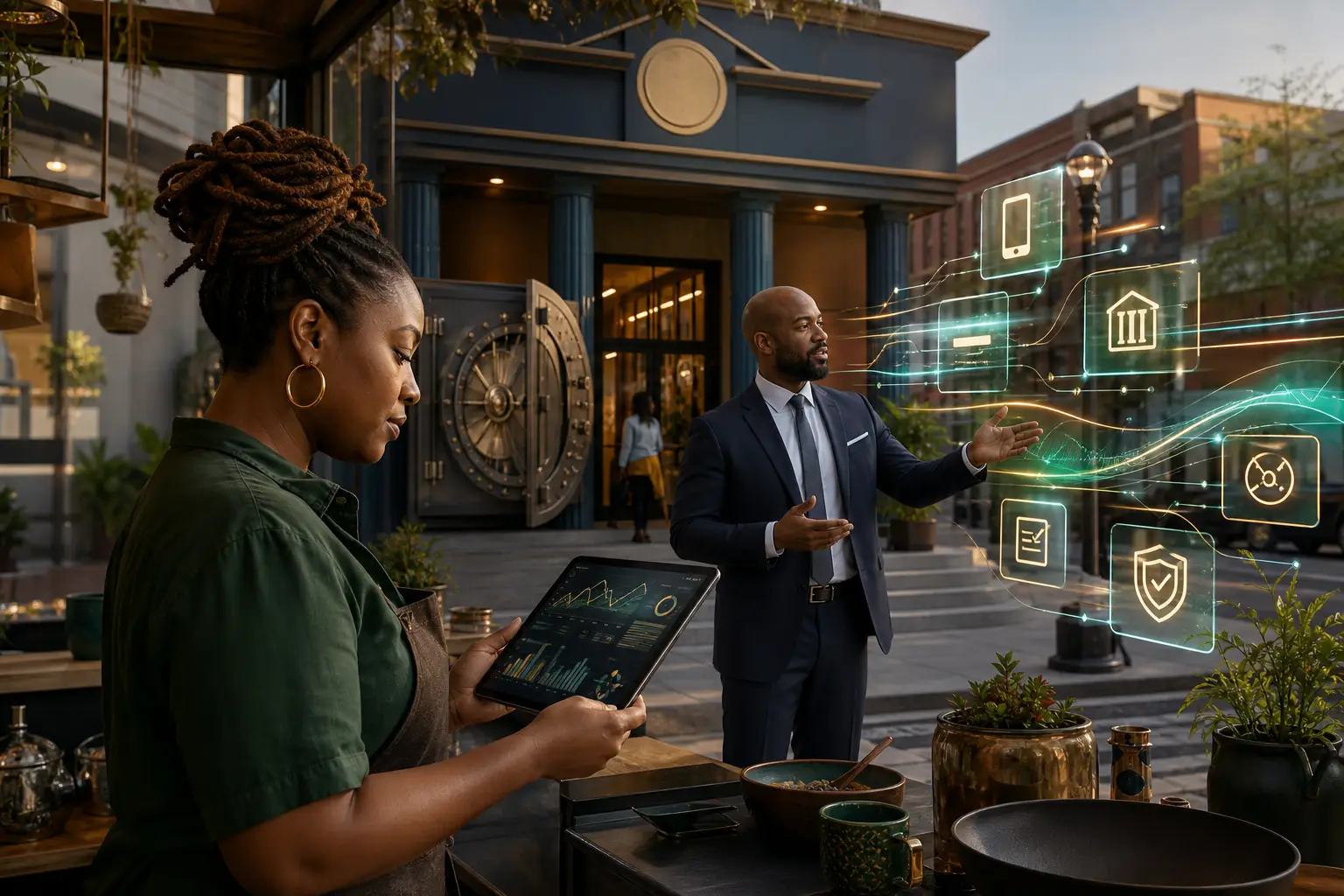 Illustration of a community bank connected to digital banking tools as a Black business owner reviews financing data on a tablet.